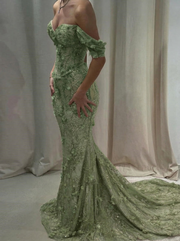 Mermaid Off-the-Shoulder Flower Chapel Train Lace Prom Dress