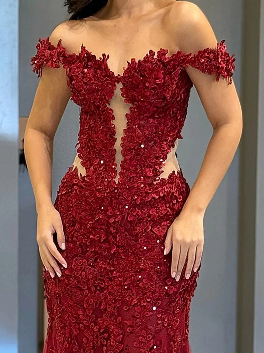 Sheath Off-the-Shoulder Appliques Lace Sweep Train Tulle Prom Dress