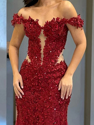 Sheath Off-the-Shoulder Appliques Lace Sweep Train Tulle Prom Dress