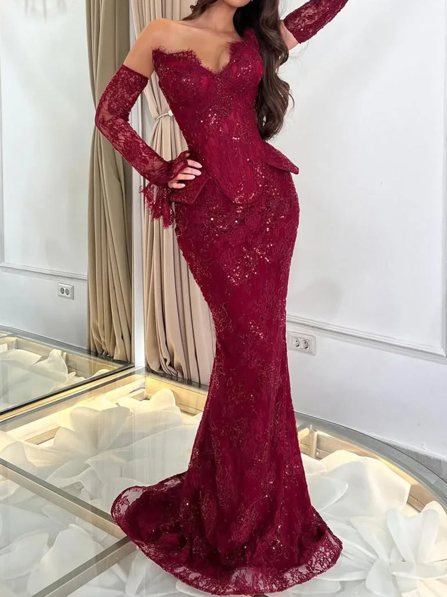Sheath Sweetheart Appliques Lace Sweep Train Lace Prom Dress