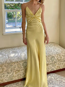 Sheath V-neck Pleated Floor-Length Silk Like Satin Prom Dress