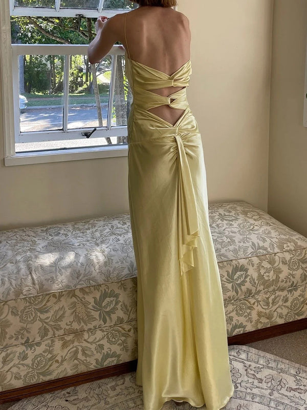 Sheath V-neck Pleated Floor-Length Silk Like Satin Prom Dress