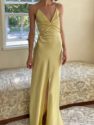 Sheath V-neck Pleated Floor-Length Silk Like Satin Prom Dress