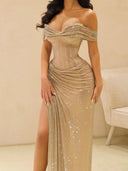 Sheath Off-the-Shoulder Pleated Floor-Length Corset Prom Dress