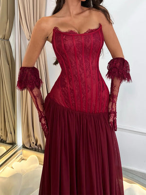 A-line Straight Ruffles Sweep Train Tulle Corset Prom Dress