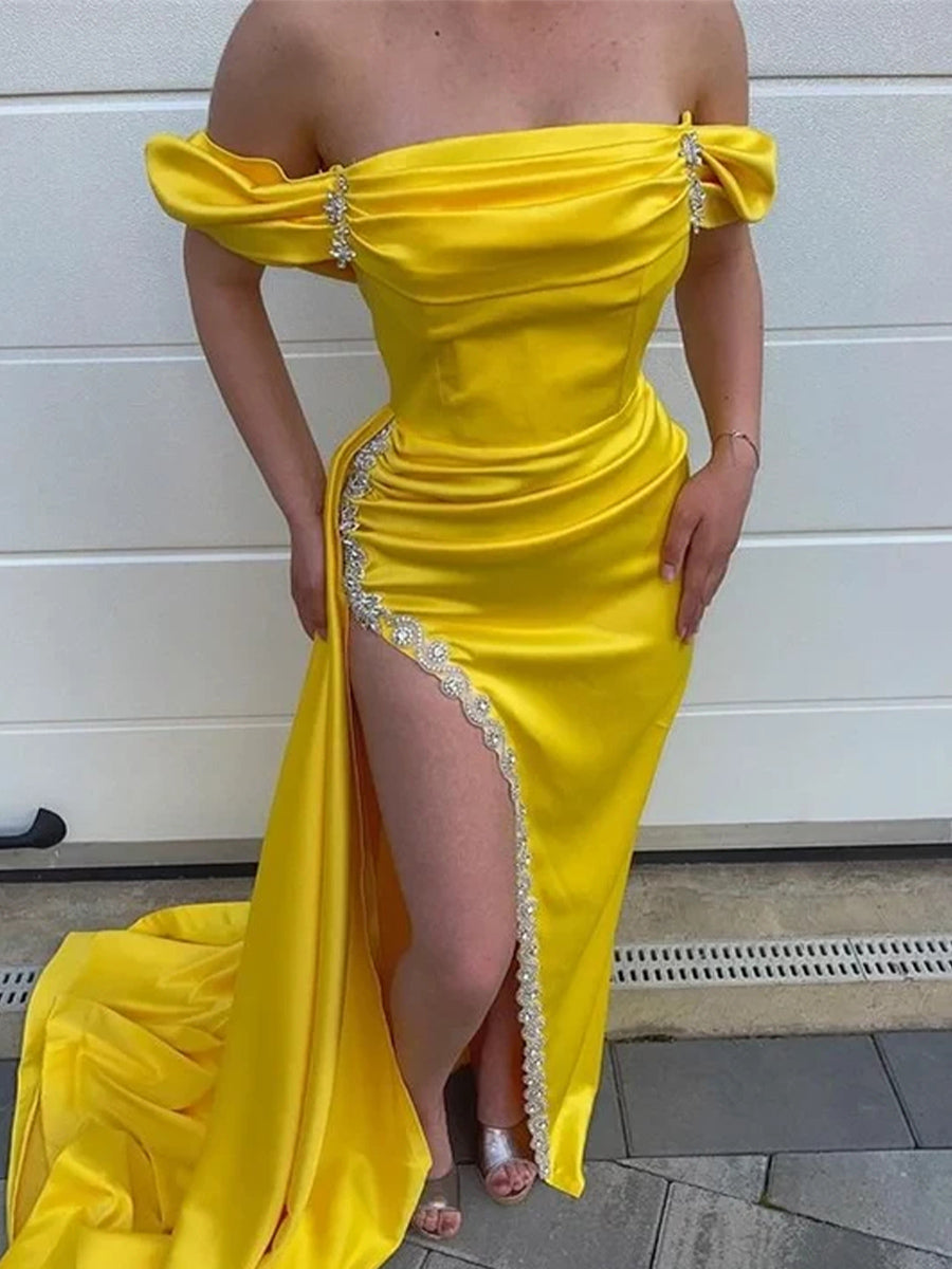 Sheath Off-the-Shoulder Pleated Floor-Length Silk Like Satin Corset Prom Dress