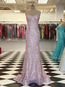 Sheath Spaghetti Straps Sequin Sweep Train Corset Prom Dress