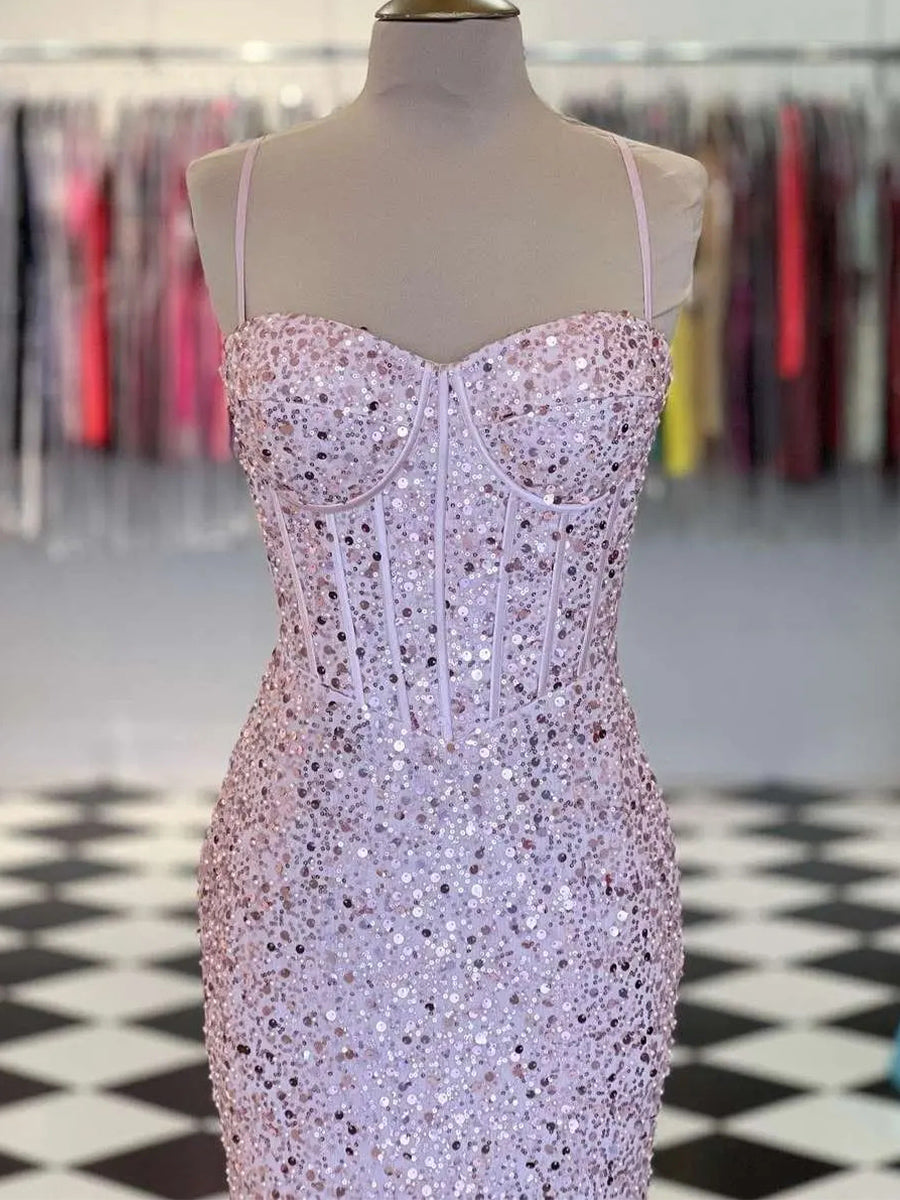 Sheath Spaghetti Straps Sequin Sweep Train Corset Prom Dress