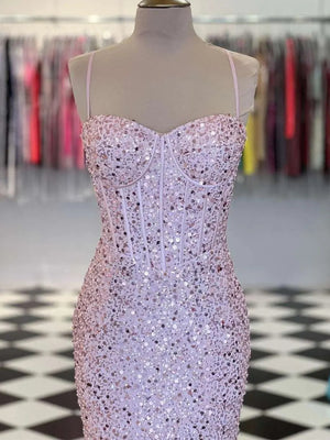 Sheath Spaghetti Straps Sequin Sweep Train Corset Prom Dress