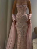 Sheath Straight Rhinestone Floor-Length Tulle Prom Dress