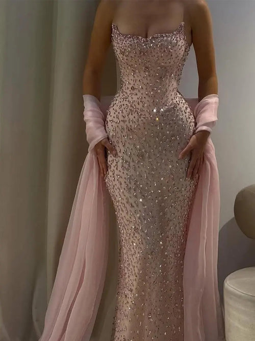 Sheath Straight Rhinestone Floor-Length Tulle Prom Dress