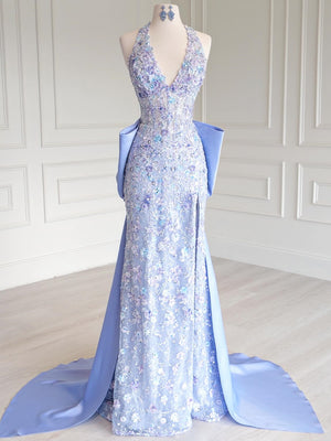 Sheath Halter Bow Sweep Train Lace Prom Dress