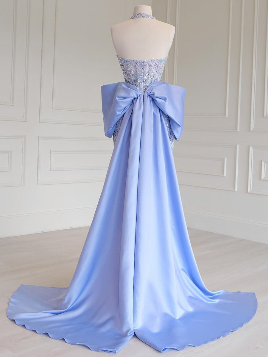 Sheath Halter Bow Sweep Train Lace Prom Dress