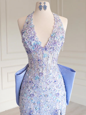 Sheath Halter Bow Sweep Train Lace Prom Dress