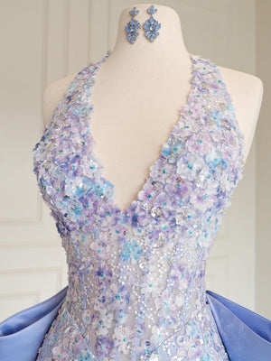 Sheath Halter Bow Sweep Train Lace Prom Dress