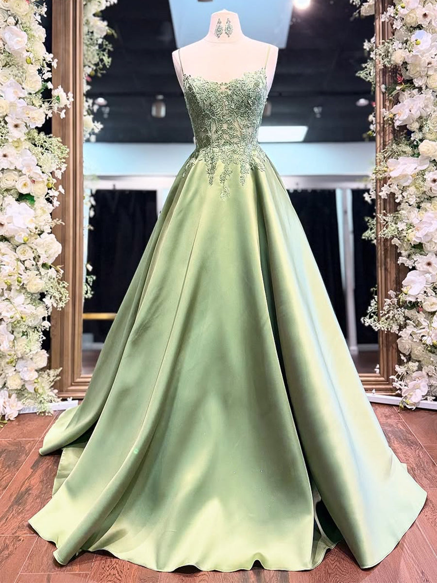 A-line Spaghetti Straps Appliques Lace Sweep Train Satin Corset Prom Dress