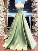 A-line Spaghetti Straps Appliques Lace Sweep Train Satin Corset Prom Dress