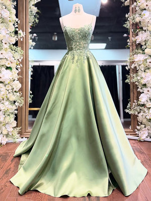 A-line Spaghetti Straps Appliques Lace Sweep Train Satin Corset Prom Dress