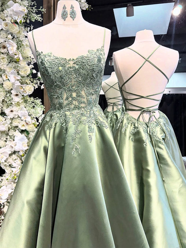 A-line Spaghetti Straps Appliques Lace Sweep Train Satin Corset Prom Dress