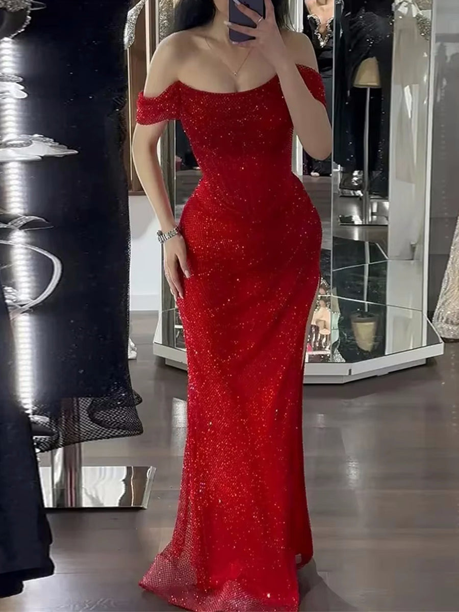Sheath Off-the-Shoulder Pleated Floor-Length Prom Dress