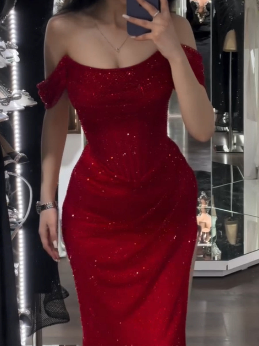 Sheath Off-the-Shoulder Pleated Floor-Length Prom Dress