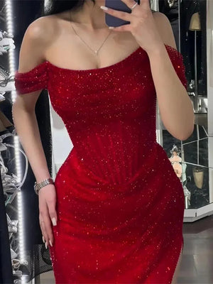 Sheath Off-the-Shoulder Pleated Floor-Length Prom Dress