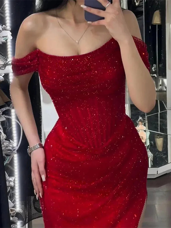 Sheath Off-the-Shoulder Pleated Floor-Length Prom Dress