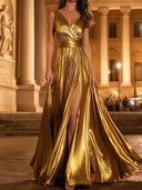 A-line V-neck Pleated Floor-Length Metallic Satin Prom Dress