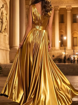 A-line V-neck Pleated Floor-Length Metallic Satin Prom Dress