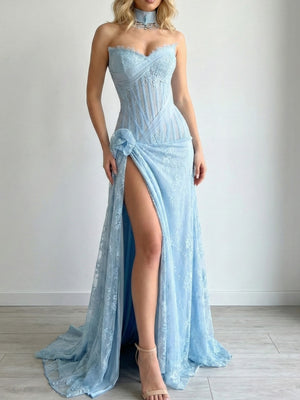 Sheath Sweetheart Appliques Lace Sweep Train Lace Corset Prom Dress
