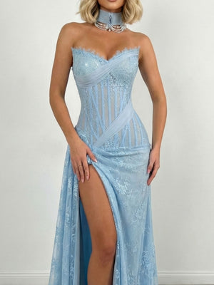 Sheath Sweetheart Appliques Lace Sweep Train Lace Corset Prom Dress