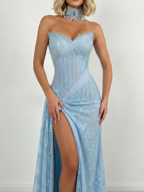 Sheath Sweetheart Appliques Lace Sweep Train Lace Corset Prom Dress