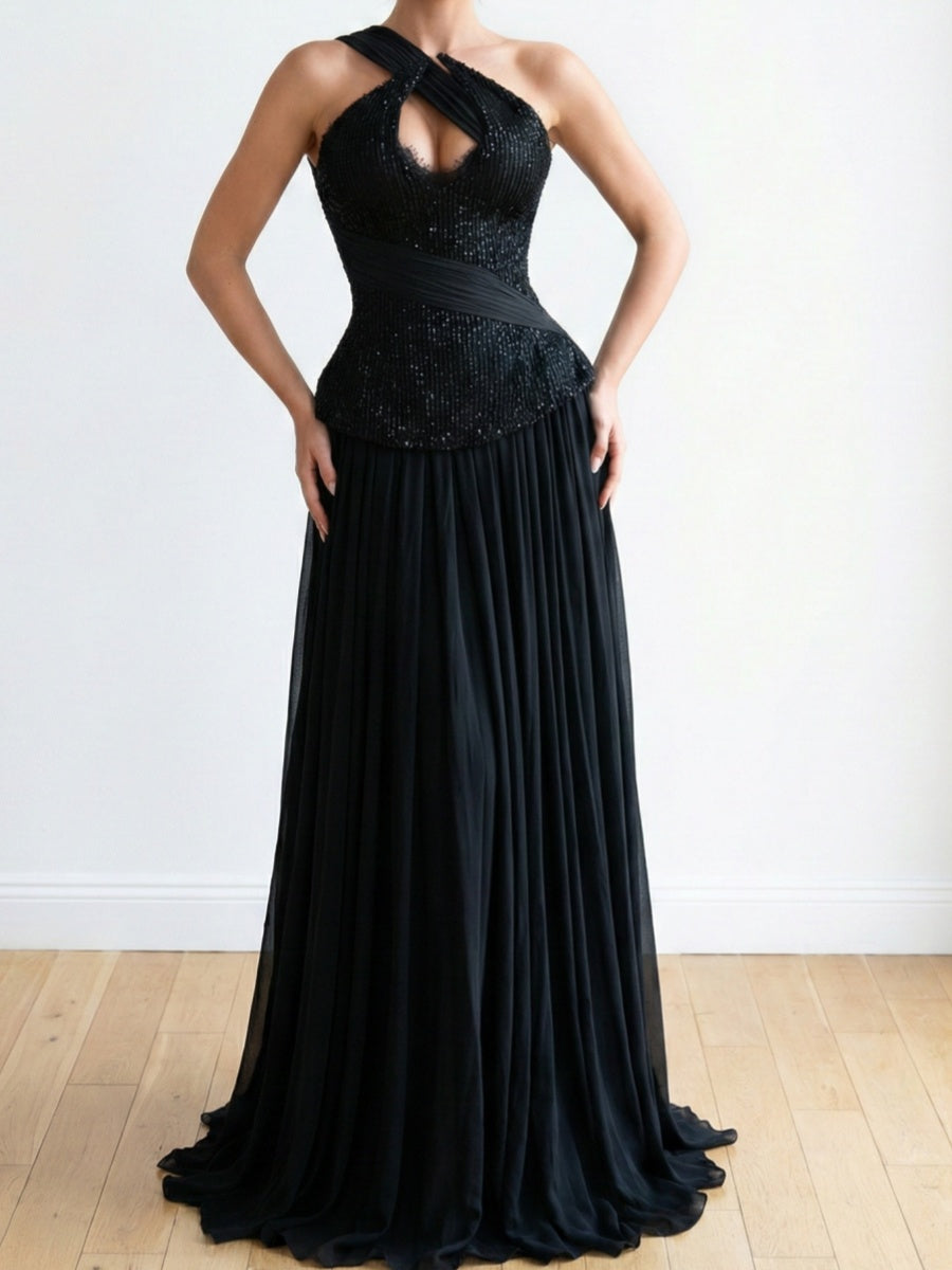 A-line One-Shoulder Pleated Floor-Length Chiffon Prom Dress