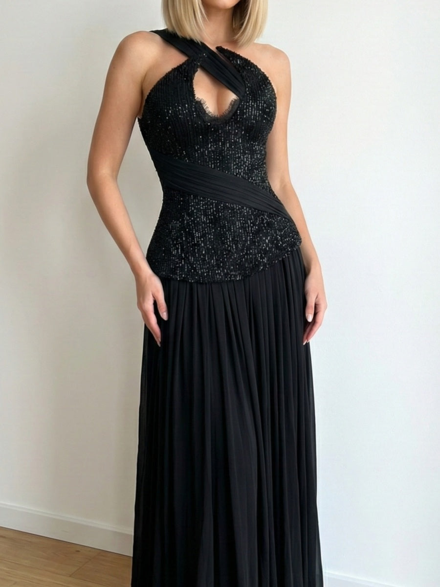 A-line One-Shoulder Pleated Floor-Length Chiffon Prom Dress