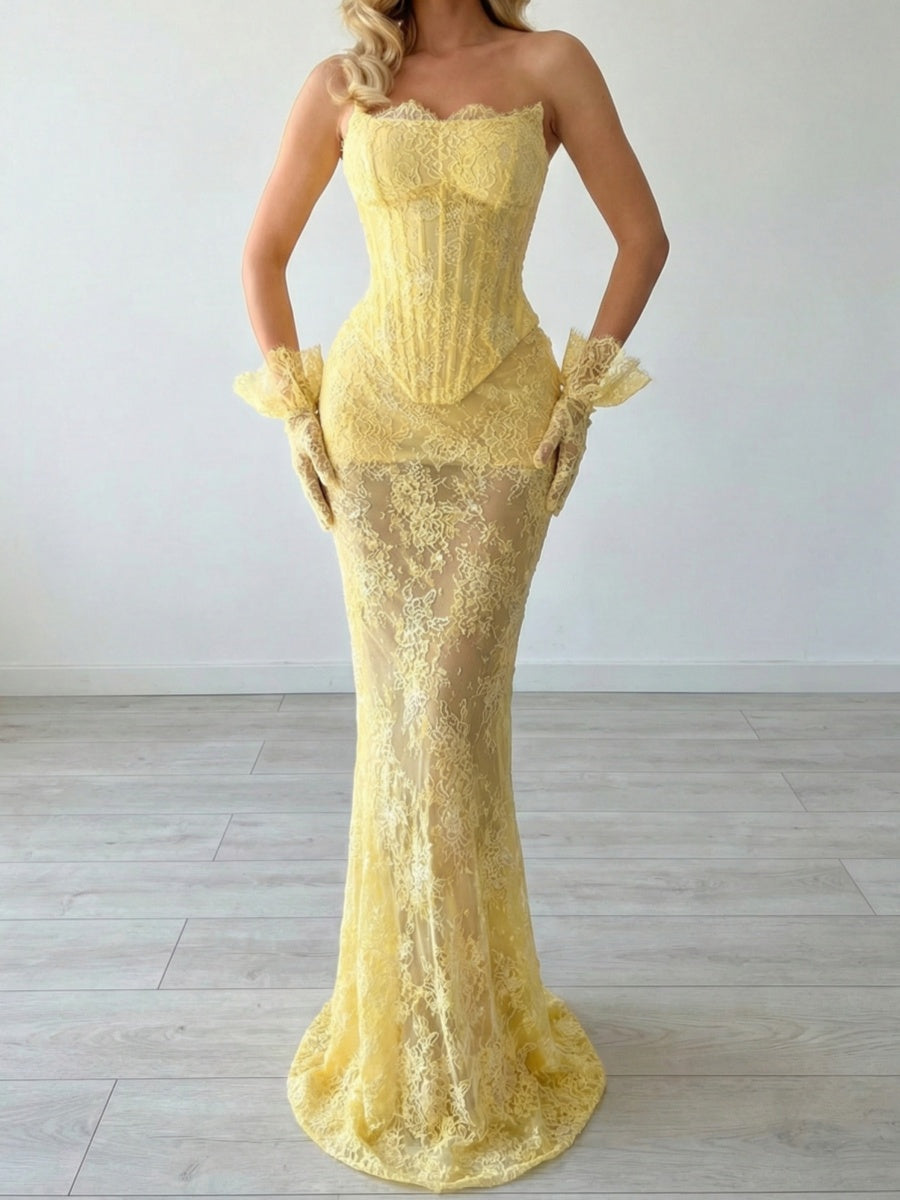 Sheath Straight Appliques Lace Floor-Length Lace Corset Prom Dress