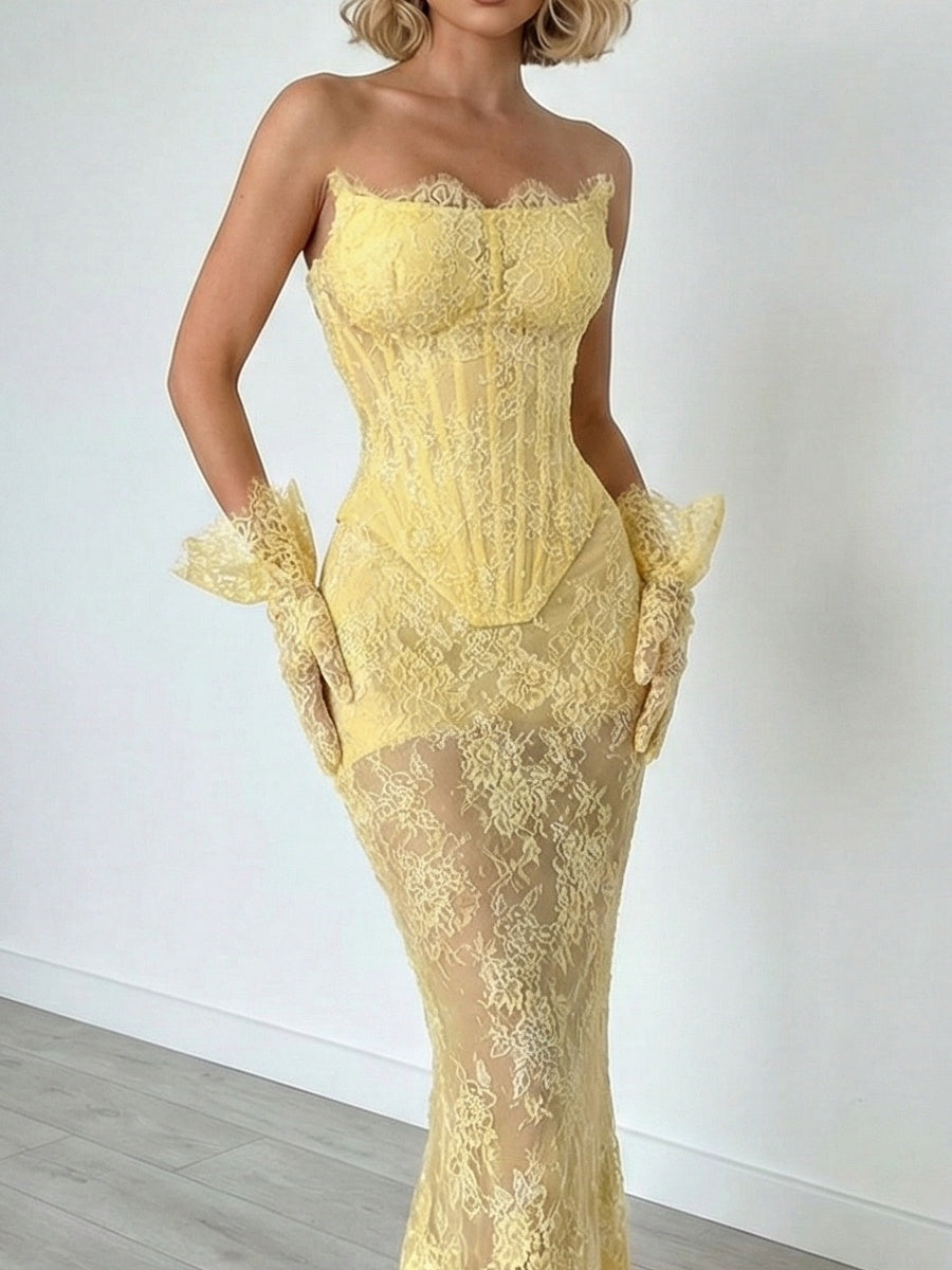 Sheath Straight Appliques Lace Floor-Length Lace Corset Prom Dress