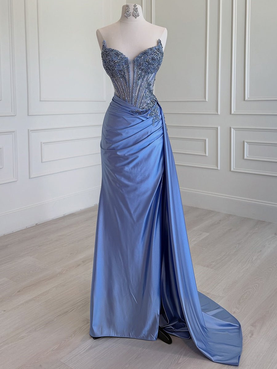 Sheath Sweetheart Rhinestone Sweep Train Silk Like Satin Corset Prom Dress