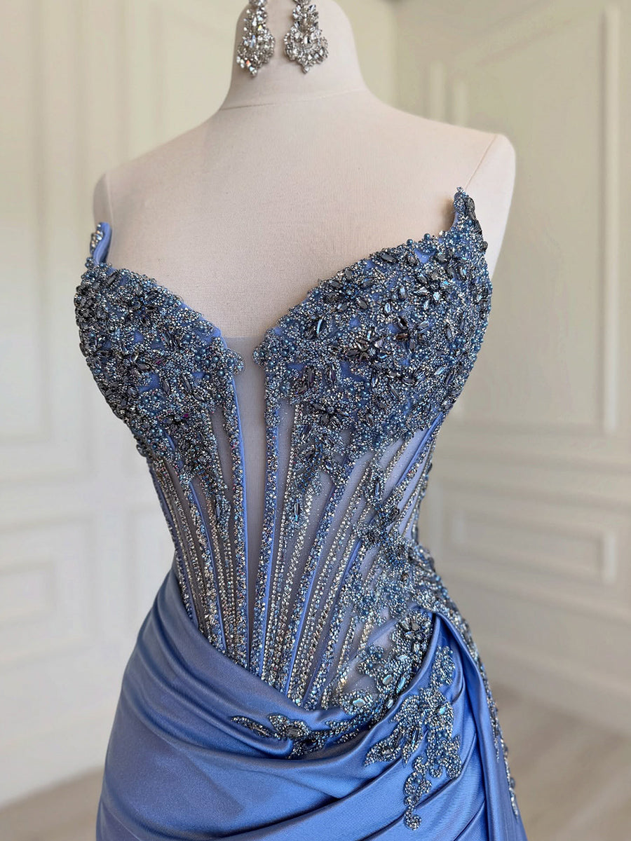 Sheath Sweetheart Rhinestone Sweep Train Silk Like Satin Corset Prom Dress