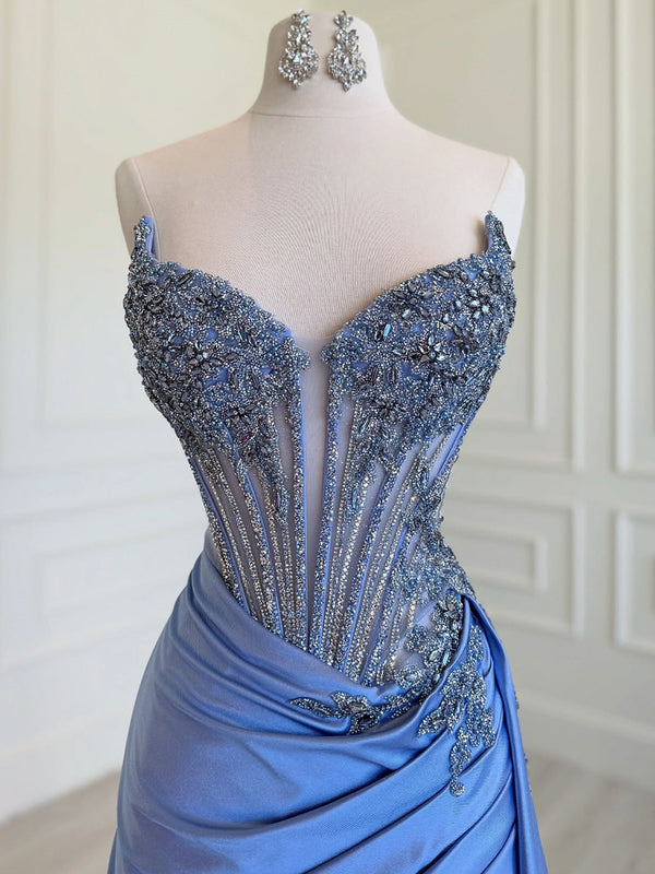 Sheath Sweetheart Rhinestone Sweep Train Silk Like Satin Corset Prom Dress