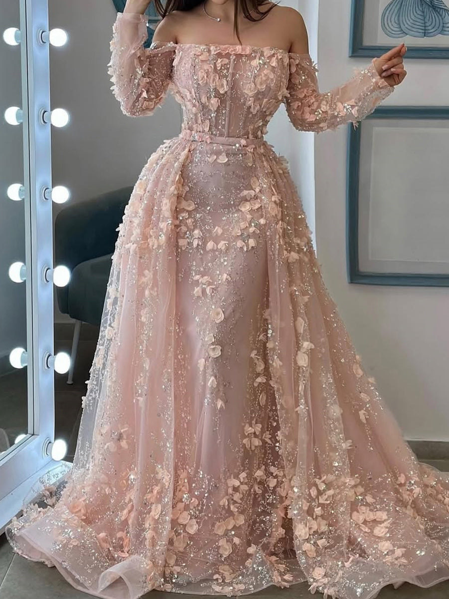 A-line Off-the-Shoulder Long Sleeves Flower Sweep Train Lace Corset Prom Dress