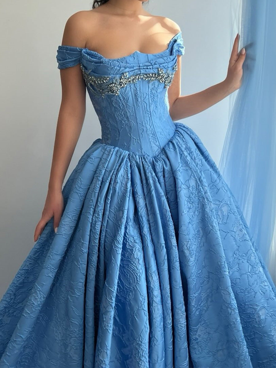 A-line Off-the-Shoulder Rhinestone Floor-Length Corset Prom Dress