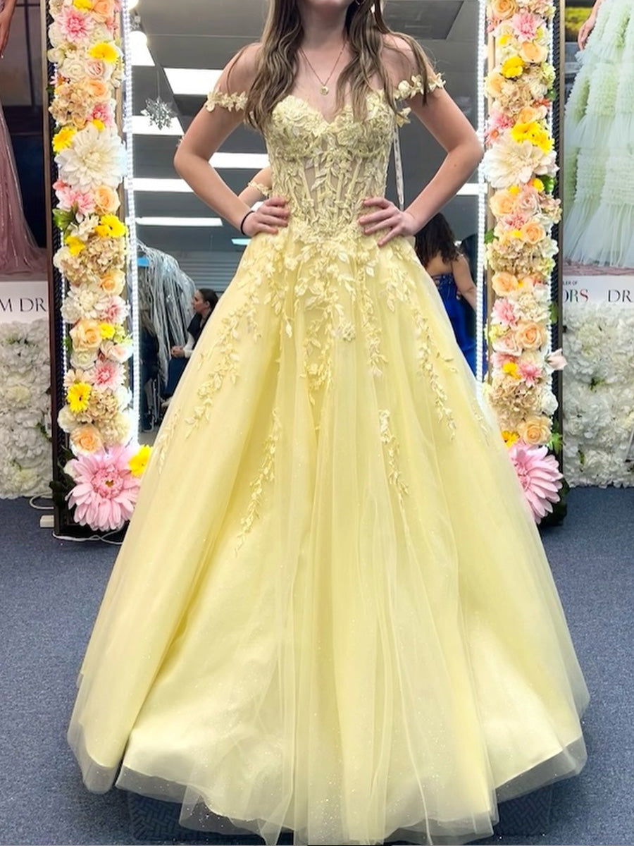 A-line Off-the-Shoulder Appliques Lace Floor-Length Tulle Corset Prom Dress