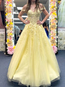 A-line Off-the-Shoulder Appliques Lace Floor-Length Tulle Corset Prom Dress