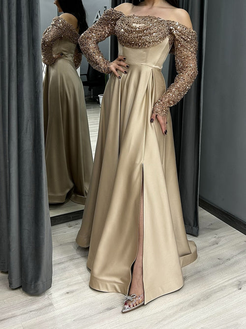 A-line Off-the-Shoulder Long Sleeves Sequin Sweep Train Silk Like Satin Corset Prom Dress