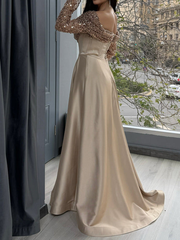 A-line Off-the-Shoulder Long Sleeves Sequin Sweep Train Silk Like Satin Corset Prom Dress