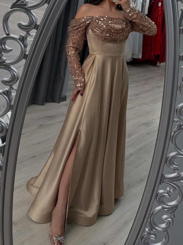 A-line Off-the-Shoulder Long Sleeves Sequin Sweep Train Silk Like Satin Corset Prom Dress