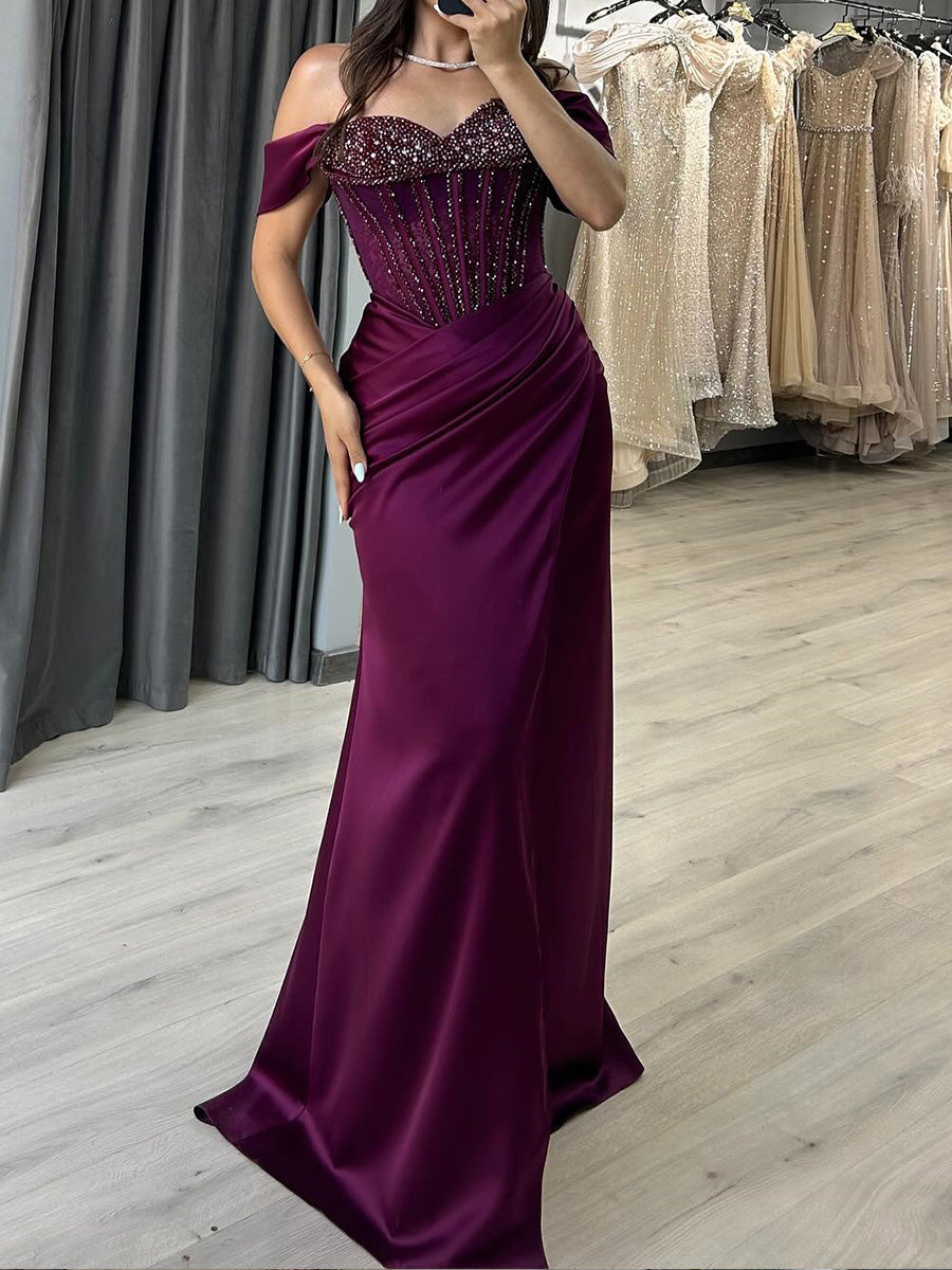 Sheath Off-the-Shoulder Beading Floor-Length Silk Like Satin Corset Prom Dress