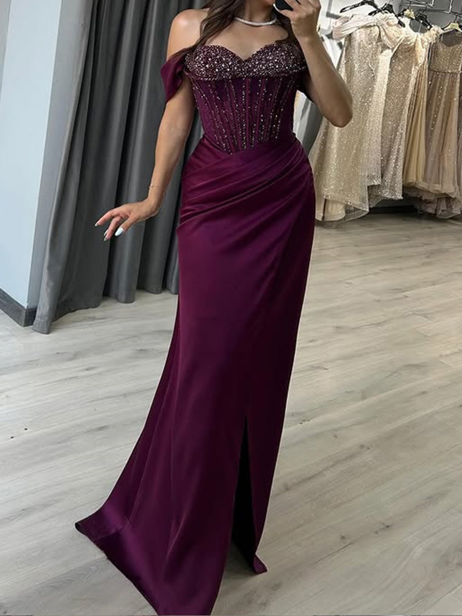 Sheath Off-the-Shoulder Beading Floor-Length Silk Like Satin Corset Prom Dress