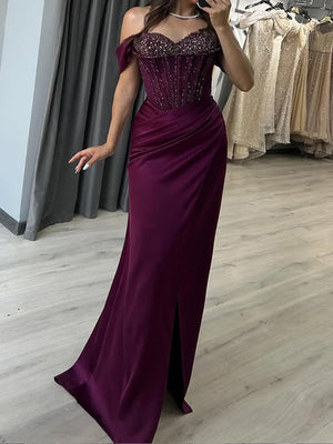 Sheath Off-the-Shoulder Beading Floor-Length Silk Like Satin Corset Prom Dress