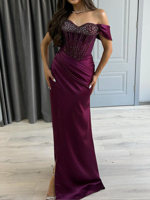 Sheath Off-the-Shoulder Beading Floor-Length Silk Like Satin Corset Prom Dress